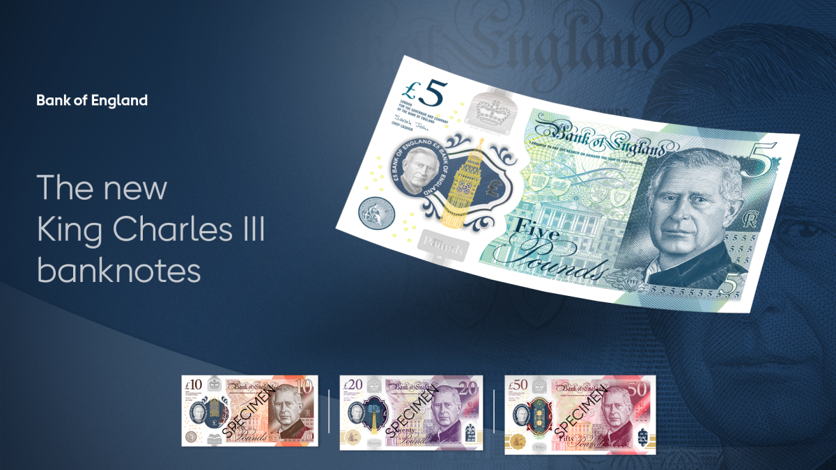 Banca Angliei a dezvăluit primele bancnote cu chipul Regelui Charles al III-lea